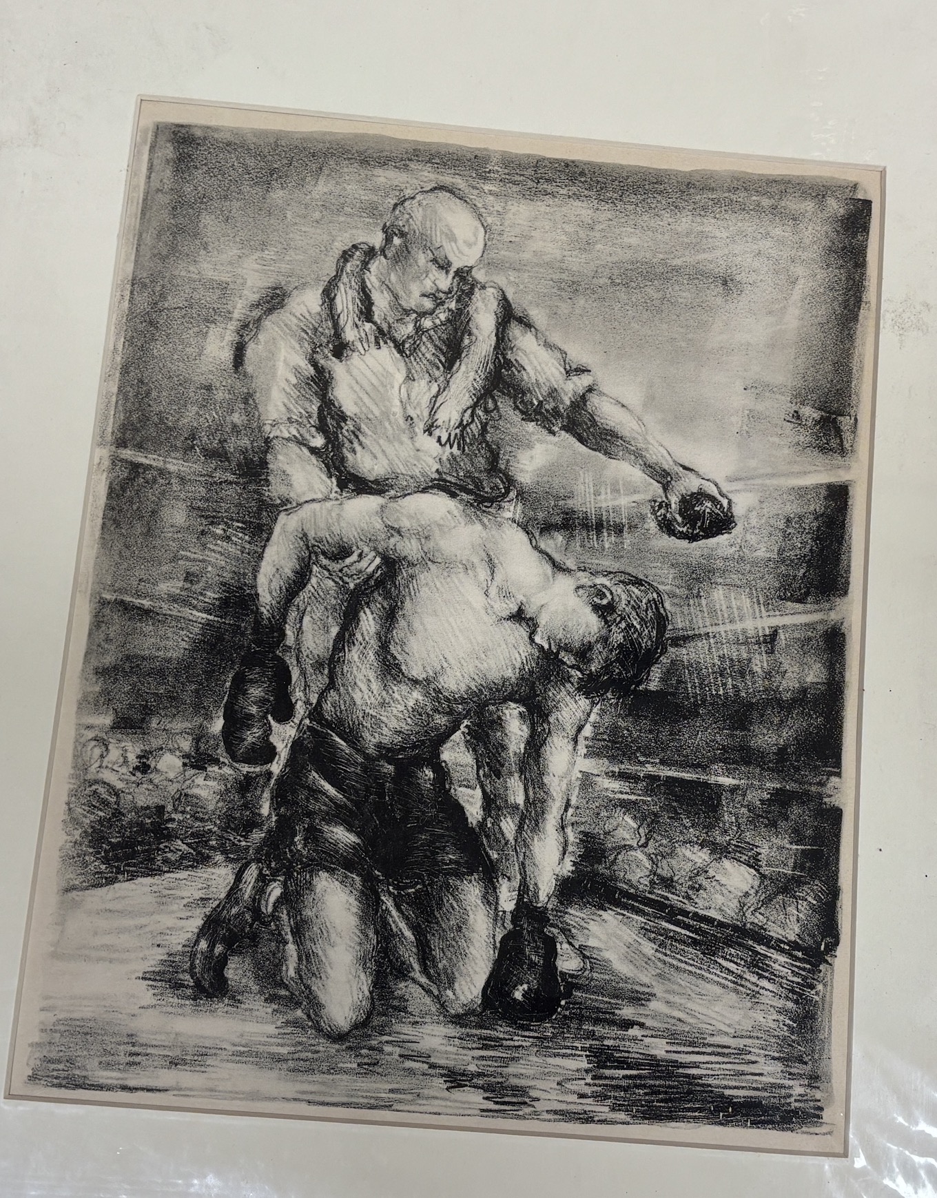 After Luc Albert Moreau (French, 1882-1948), lithograph, ‘La physiologie de la boxe’ and After Troy Kinney (American, 1871-1938), etching, ‘Serenade’, mounted, largest 28 x 21cm, unframed